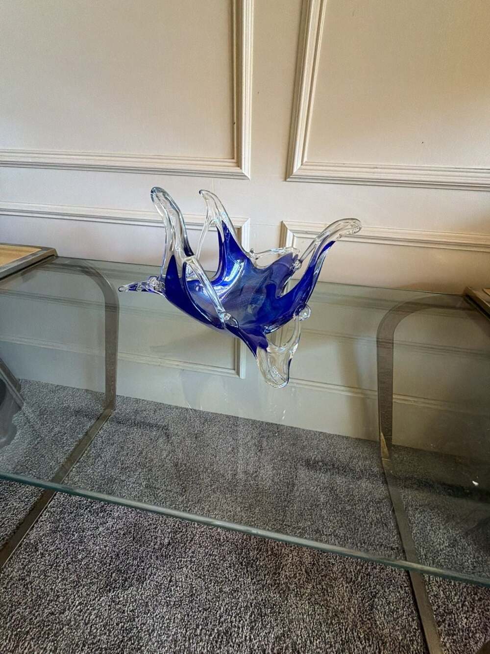 Murano Style Freeform Cobalt Blue and Clear Glass Decorative Centerpiece Bowl